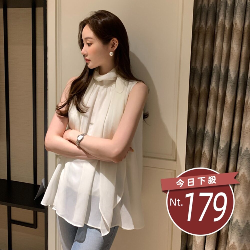 44065071060-【台灣發貨】韓版法式氣質立領無袖上衣 小可愛 背心 衣服 女裝 上衣【V431】
