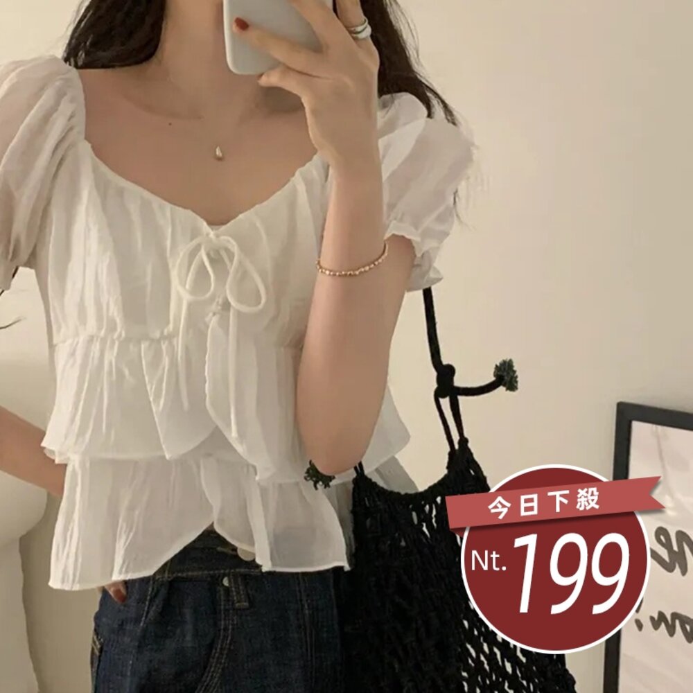 44204027495-【台灣發貨】韓版荷葉邊雪紡上衣 衣服 女裝 t恤 短袖t恤 上衣【T656】