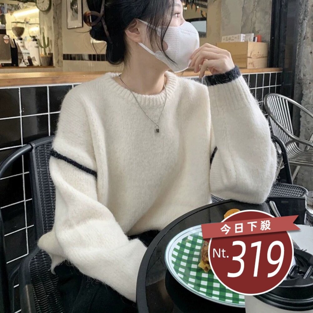 44223747095-【台灣發貨】韓版文青復古寬鬆簡約針織上衣 長袖上衣 長袖t恤 衣服 女裝 上衣【W525】