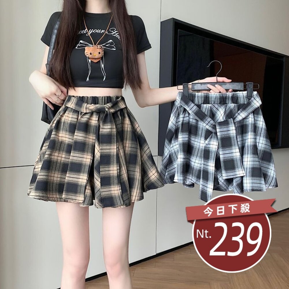 44355920285-【台灣發貨】韓版高腰不規則復古格紋半身裙女 裙子 褲裙 長裙 女裝 【P379】