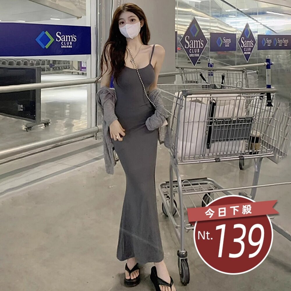 44362314030-【台灣發貨】韓版顯瘦吊帶長版洋裝 連身裙 吊帶裙 吊帶褲 女裝【S251】