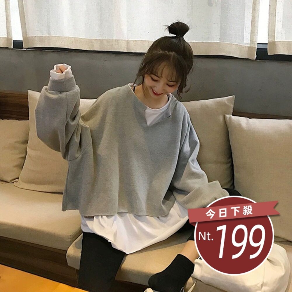 44423972681-【台灣發貨】韓版寬鬆百搭假兩件長袖上衣 長袖上衣 長袖t恤 衣服 女裝 上衣【W634】