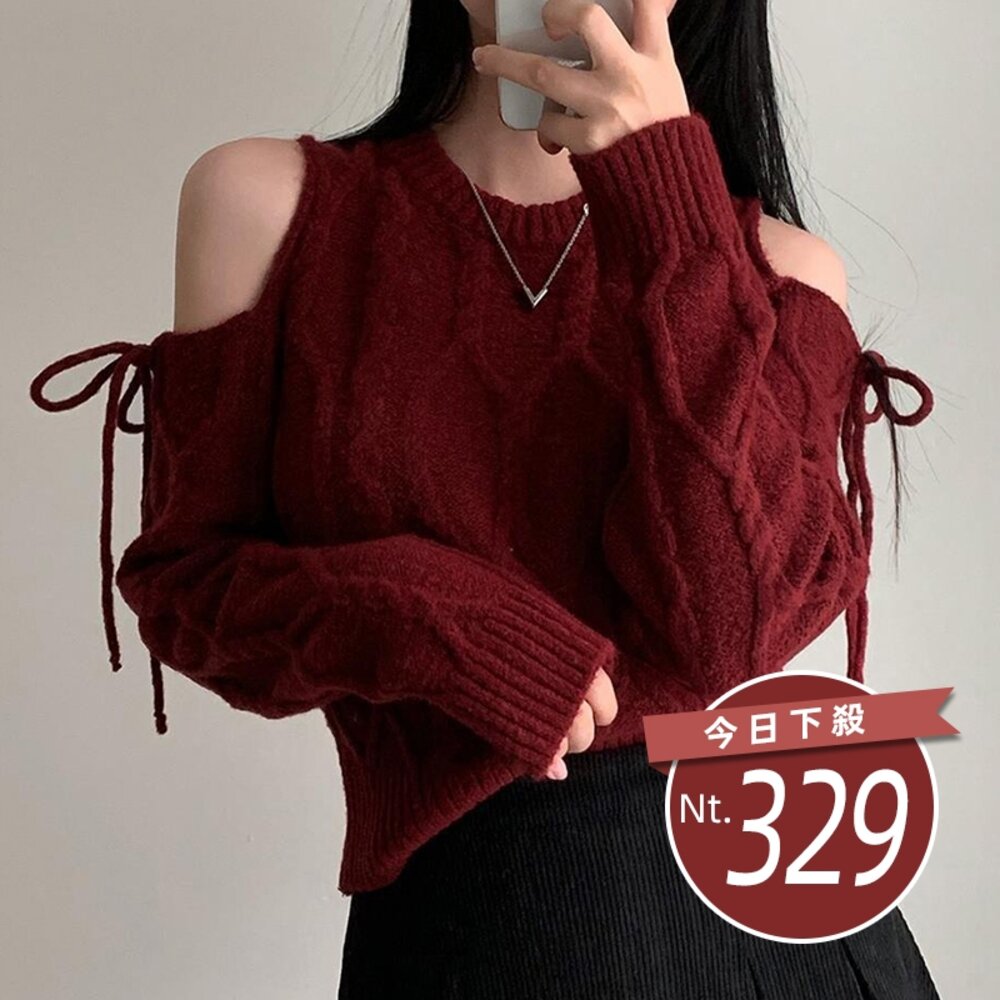 44901589839-【台灣發貨】韓版復古露肩針織上衣 長袖上衣 長袖t恤 衣服 女裝 上衣【W656】
