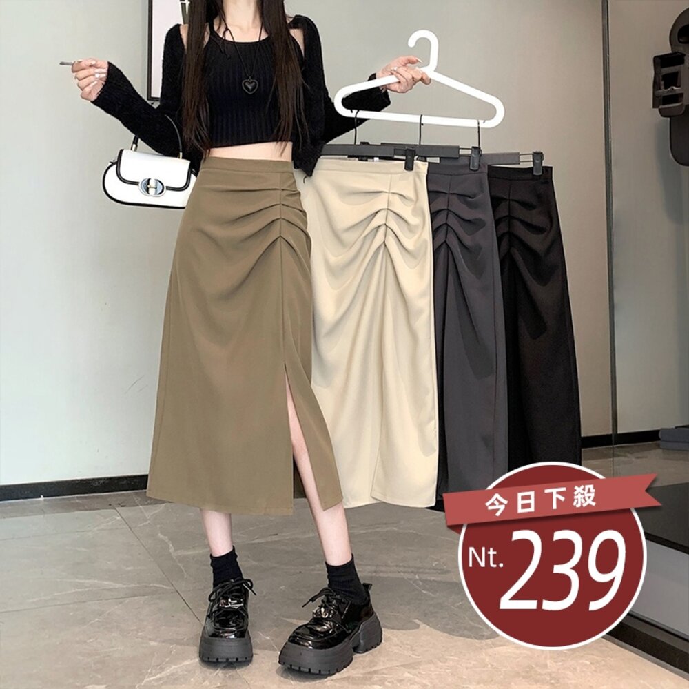 45703284875-【台灣發貨】韓版氣質設計感高腰西裝長裙 裙子 褲裙 長裙 女裝【P406】