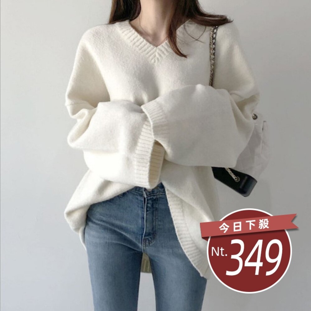 4578471619-【台灣發貨】韓版V領寬鬆慵懶風針織毛衣 長袖上衣 長袖t恤 衣服 女裝 上衣【S105】