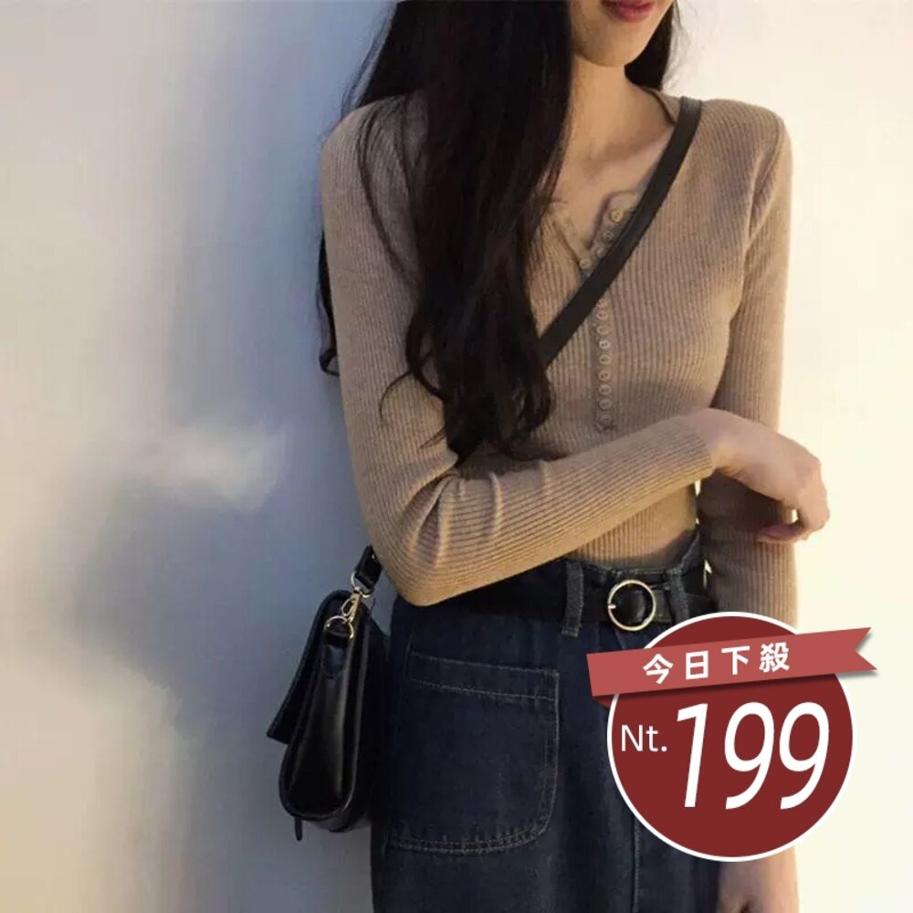 46103282239-【台灣發貨】韓版鈕扣V領鈕扣針織上衣 長袖上衣 長袖t恤 衣服 女裝 上衣【W272】