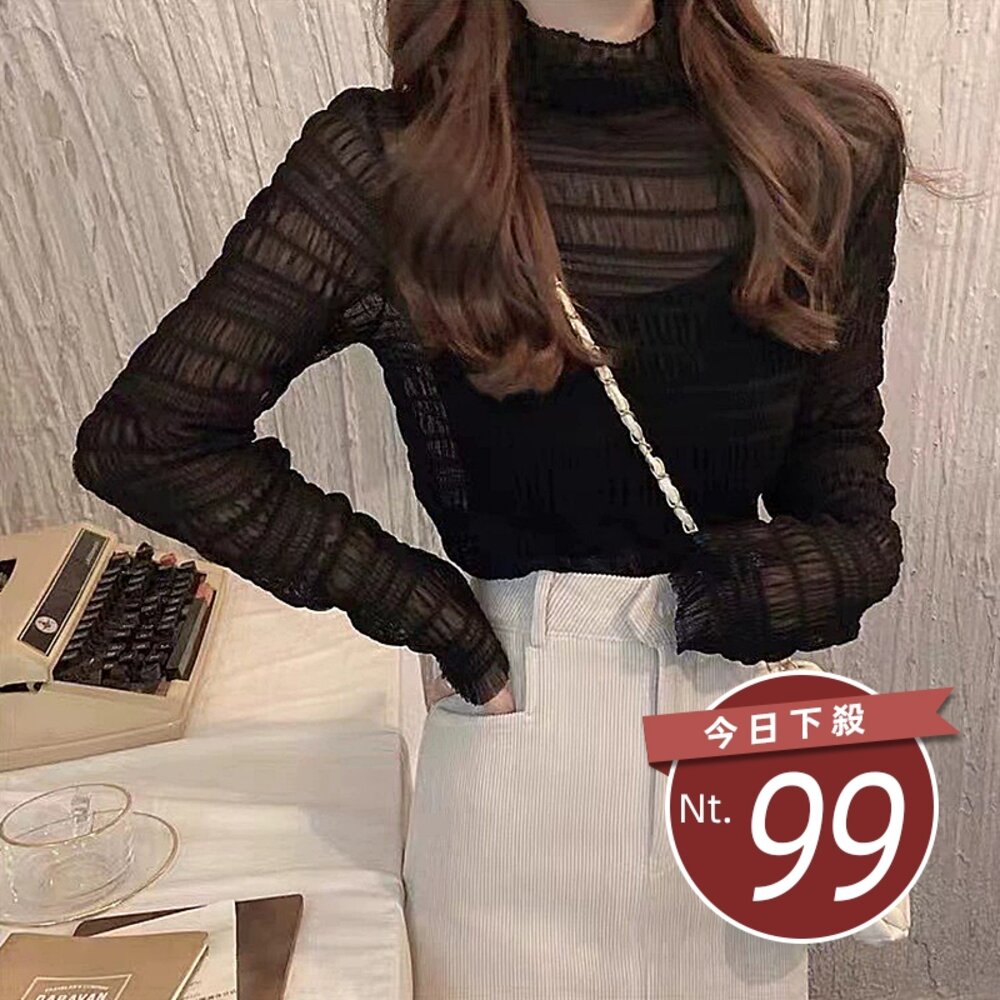46653678136-【台灣發貨】韓版氣質顯瘦半高領褶皺蕾絲網紗長袖上衣 長袖上衣 長袖t恤 衣服 女裝 上衣【W405】