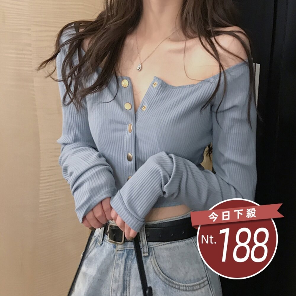 4670432418-【台灣發貨】韓版性感露肩彈性修身顯瘦一字領長袖上衣 長袖上衣 長袖t恤 衣服 女裝 上衣【W135】