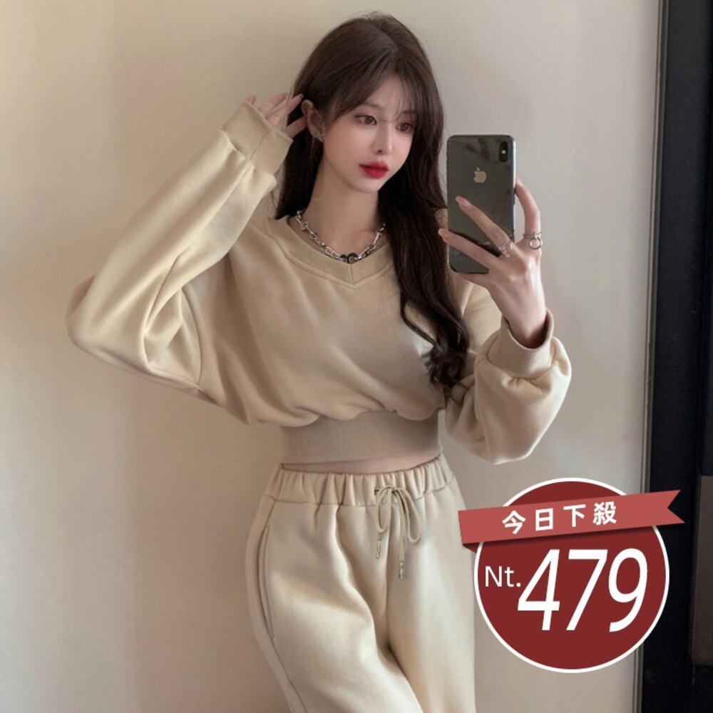 48551590995-【台灣發貨】韓版長袖運動套裝 短版長袖上衣+寬褲 長袖上衣 長袖t恤 衣服 寬褲 褲子 女裝 上衣【S227】