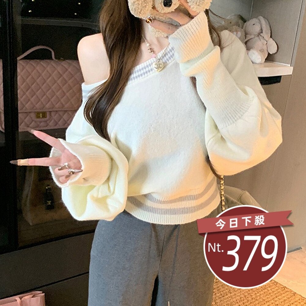48704084894-【台灣發貨】韓版斜肩氣質寬鬆針織上衣 長袖上衣 長袖t恤 衣服 女裝 上衣【W695】