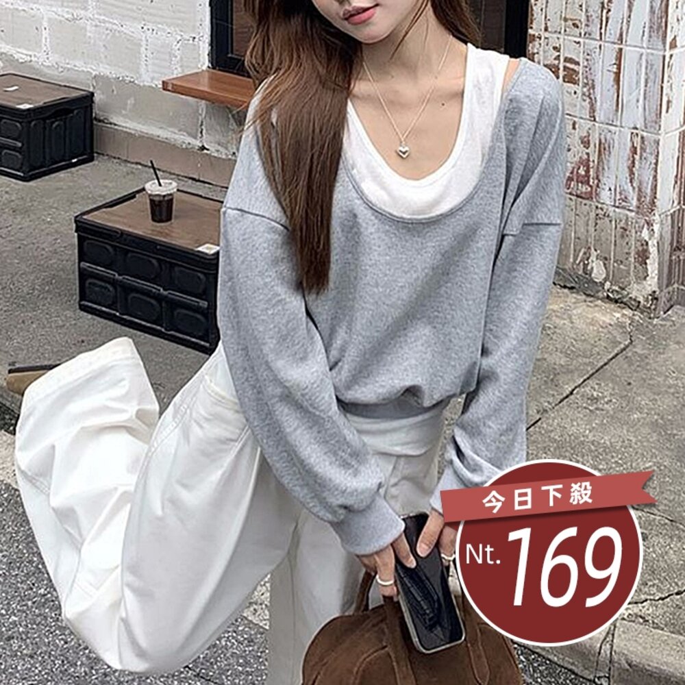 48803407992-【台灣發貨】韓版美式設計感小眾露肩寬鬆長袖上衣 長袖上衣 長袖T恤 衣服 女裝 上衣【W667】