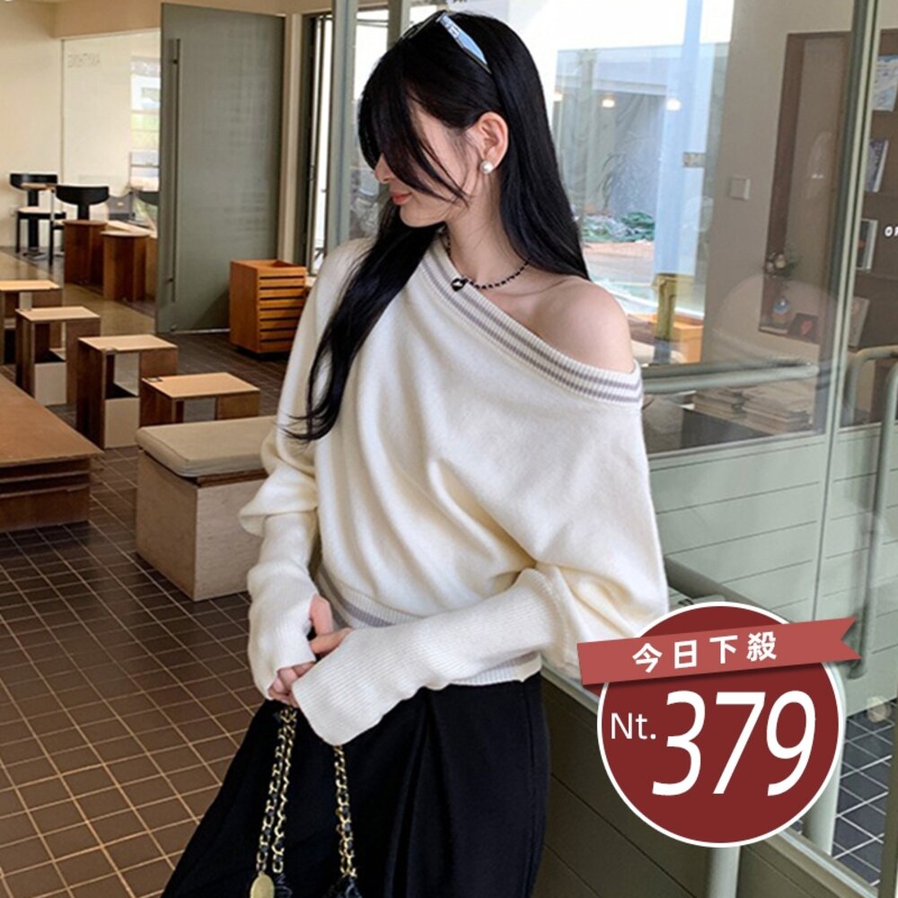 49254087487-【台灣發貨】韓版清透白開水斜肩針織上衣 長袖上衣 長袖t恤 衣服 女裝 上衣【W695】