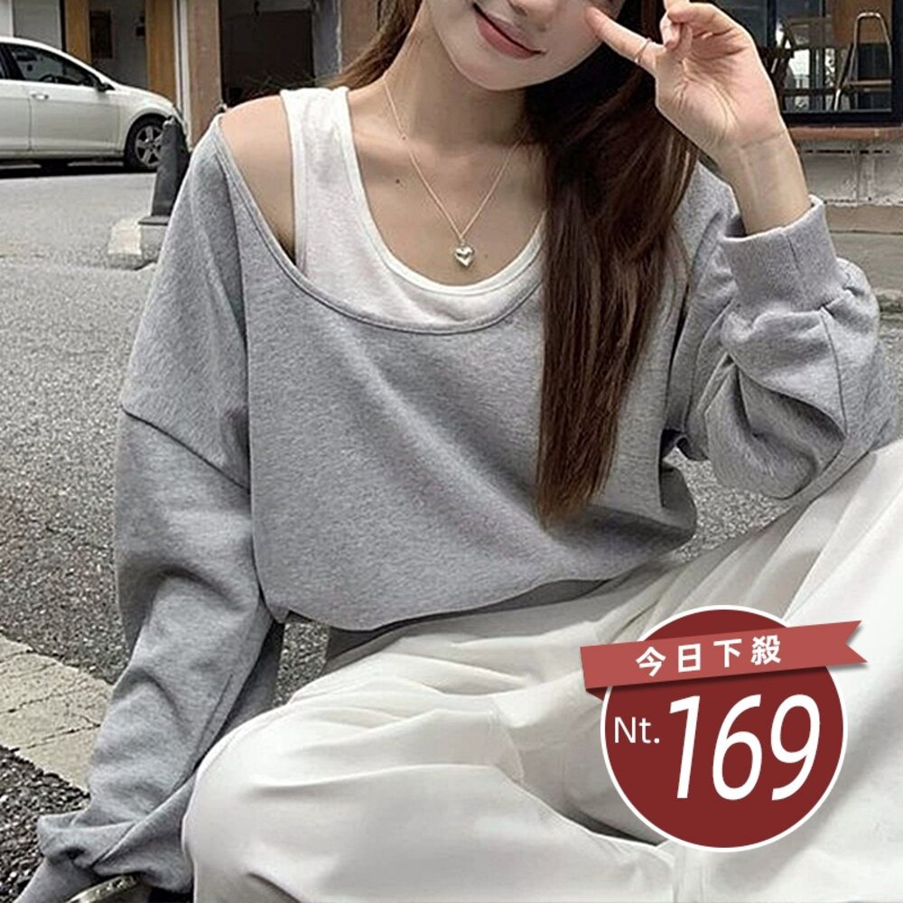 51303382946-【台灣發貨】韓版灰色美式斜肩上衣 長袖上衣 長袖T恤 衣服 女裝 上衣【W667】