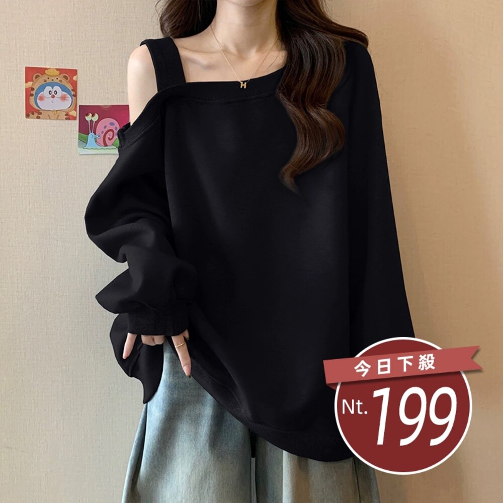 52653396952-【台灣發貨】韓版斜肩設計長袖上衣 長袖上衣 長袖T恤 衣服 女裝 上衣【W670】