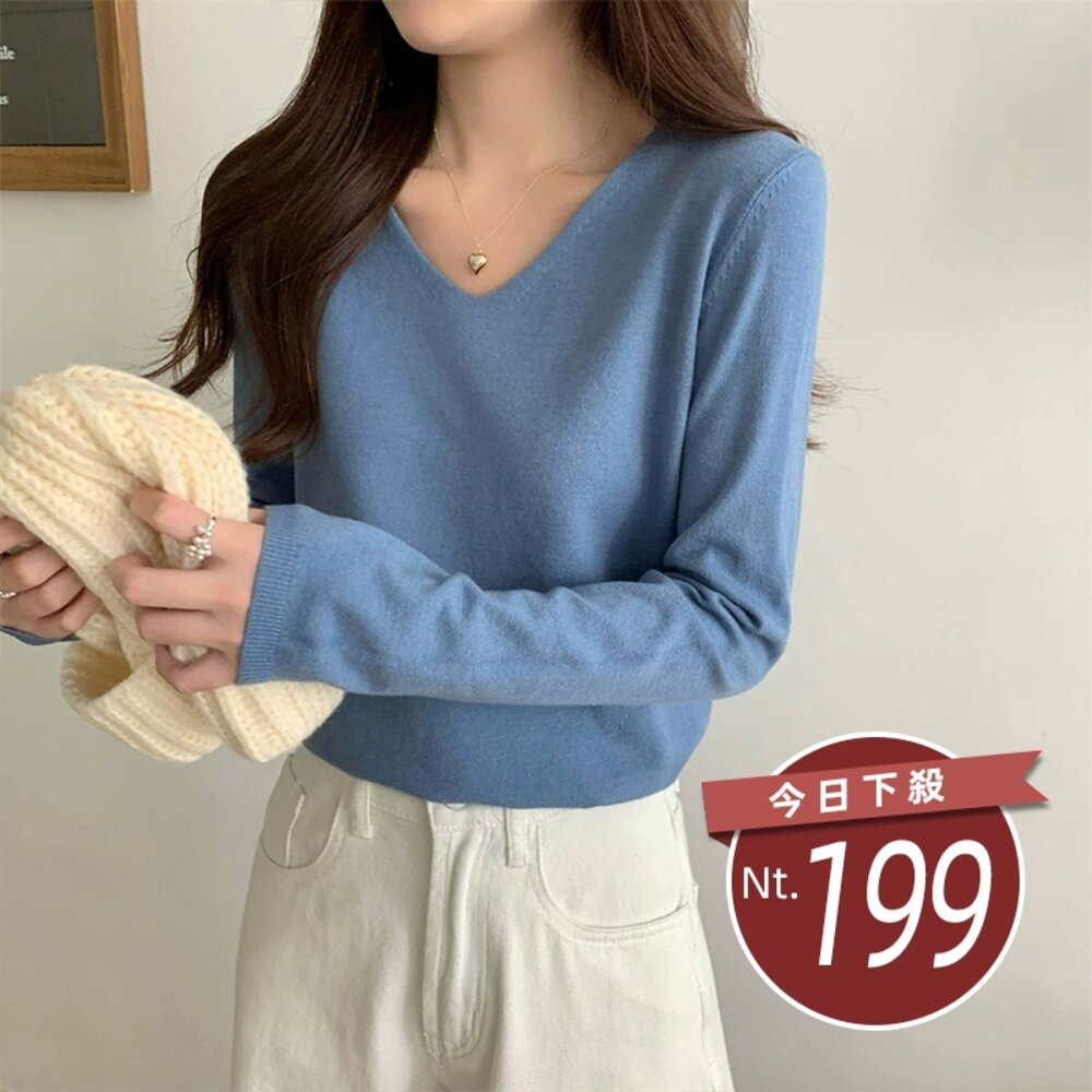 52703789775-【台灣發貨】韓版V領顯瘦針織上衣 長袖上衣 長袖t恤 衣服 女裝 上衣【W685】