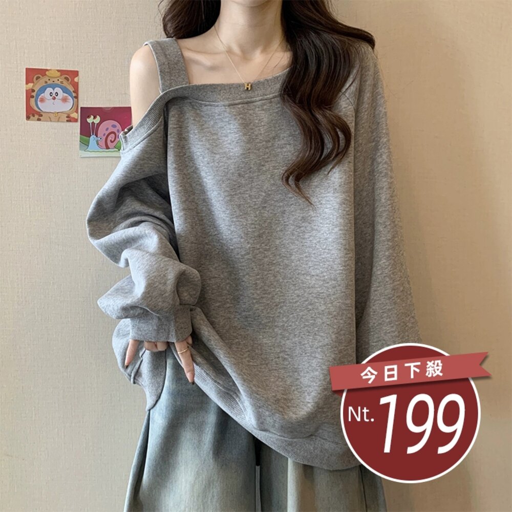 53453396869-【台灣發貨】韓版慵懶風斜肩長袖上衣 長袖上衣 長袖T恤 衣服 女裝 上衣【W670】