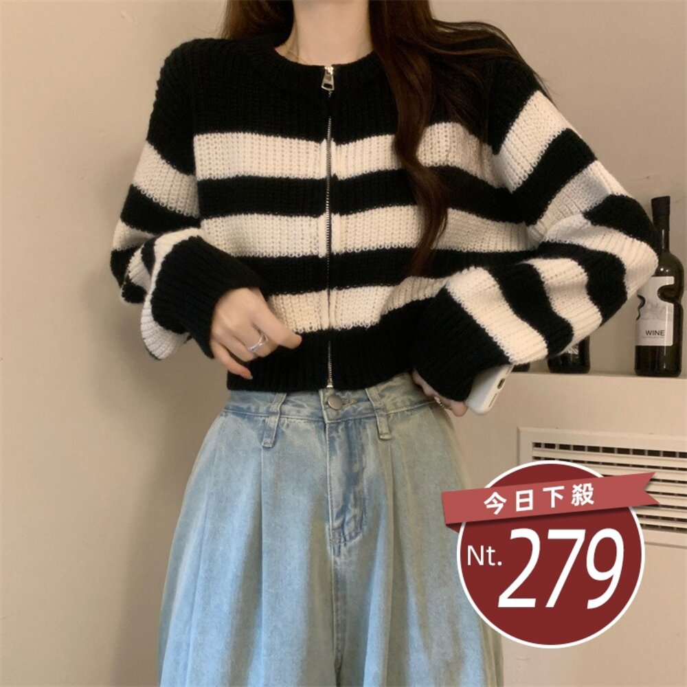 54253803878-【台灣發貨】韓版條紋短版外套 外套 防曬外套 女裝 上衣 衣服【J419】