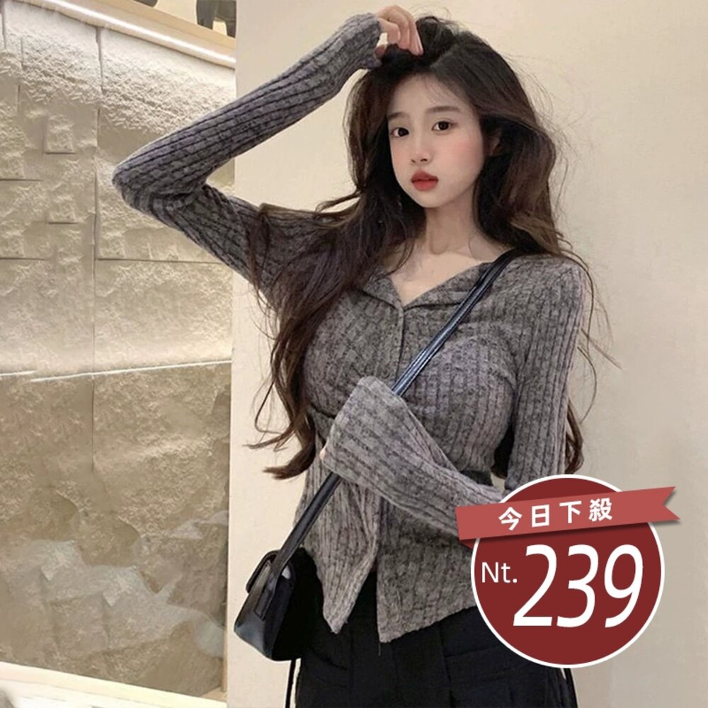 55003798633-【台灣發貨】韓版氣質針織上衣 長袖上衣 長袖t恤 衣服 女裝 上衣【W683】