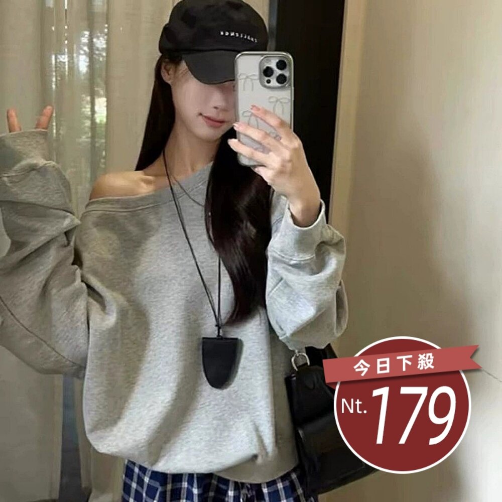 55053392605-【台灣發貨】韓版美式斜肩寬鬆長袖上衣 長袖上衣 長袖T恤 衣服 女裝 上衣【W673】