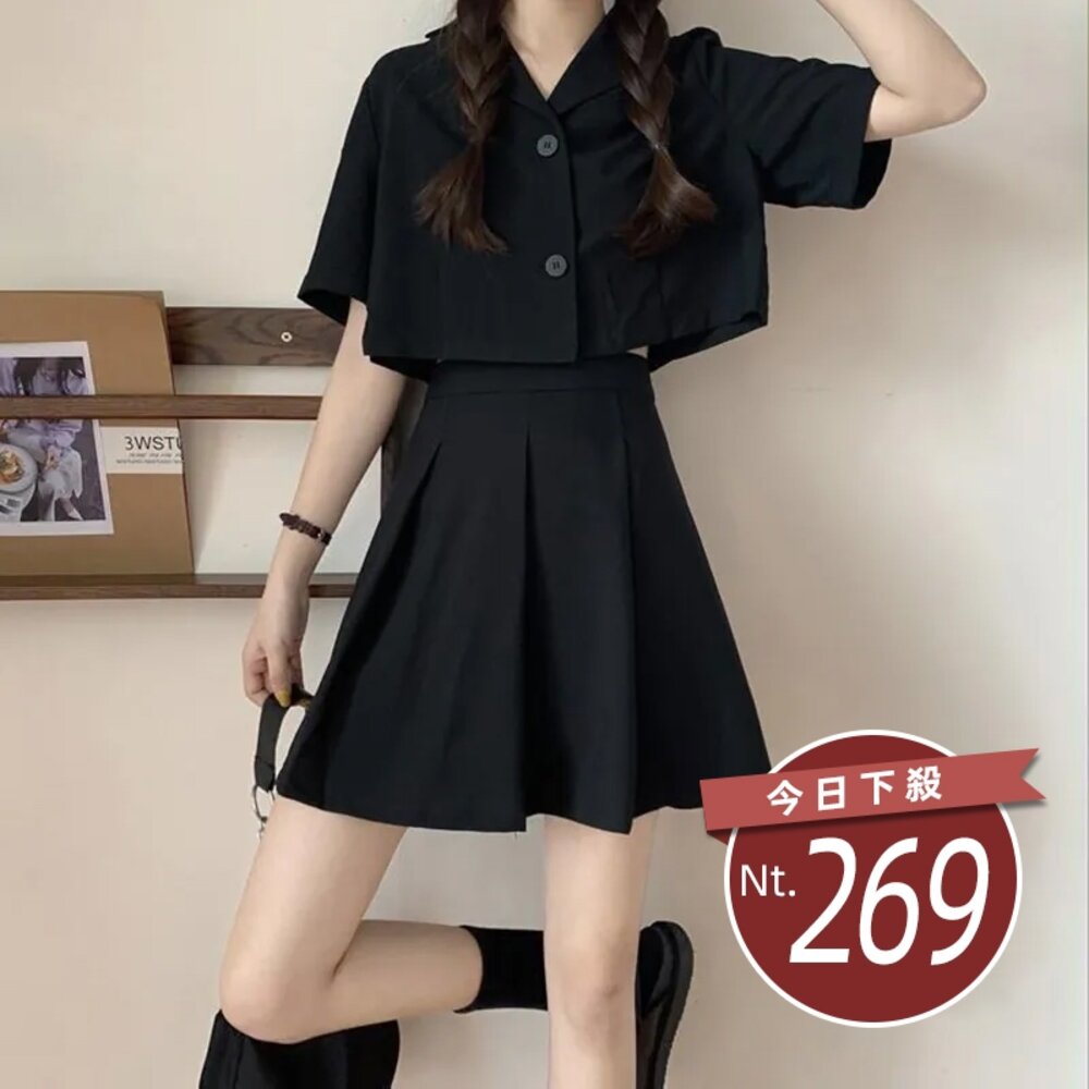 6094704713-【台灣發貨】韓版短款襯衫+高腰顯瘦百褶裙 衣服 女裝 t恤 短袖t恤 上衣【S132】