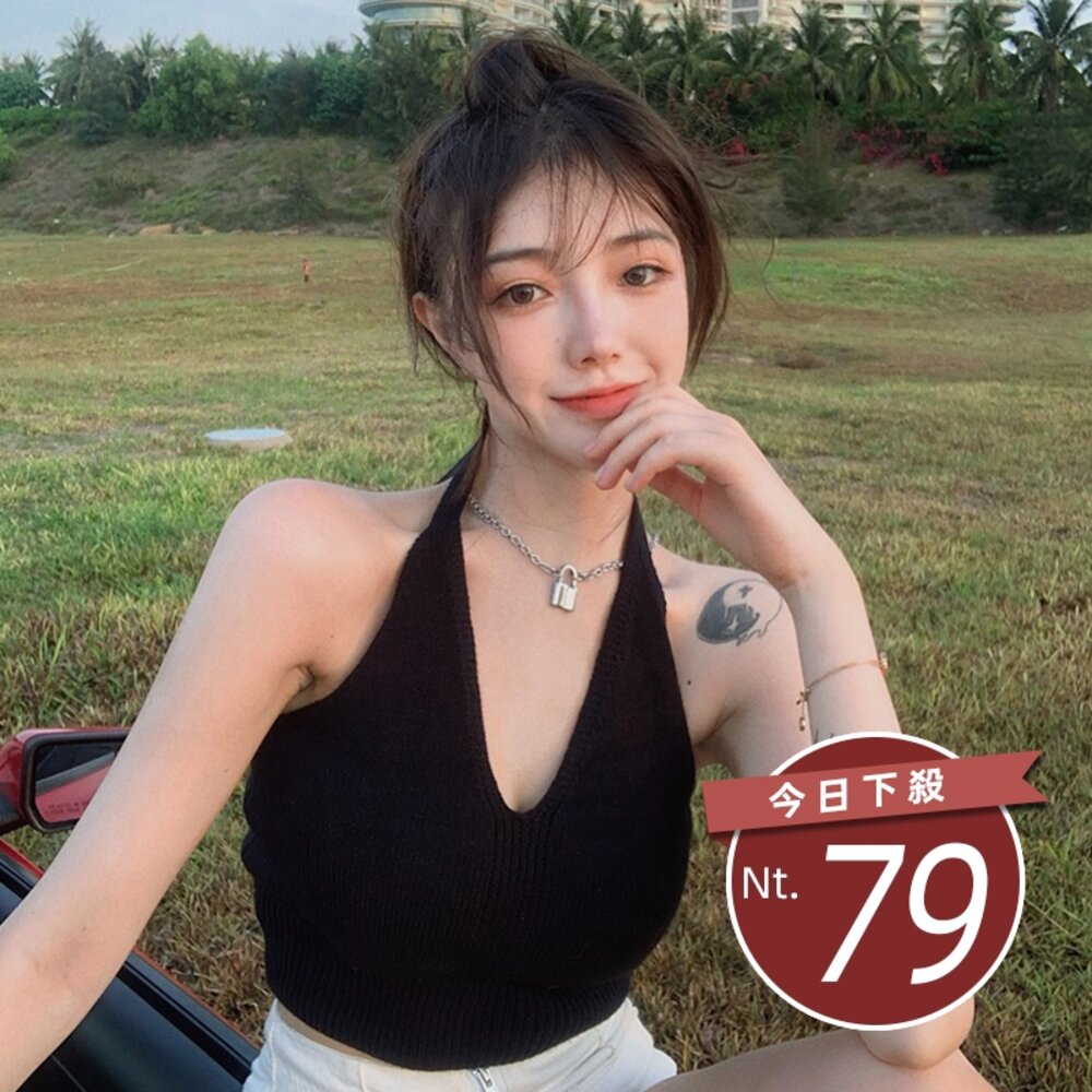 8052257628-【台灣發貨】韓版度假風冰絲綁帶V領針織短版背心 小可愛 背心 衣服 女裝 上衣【V118】