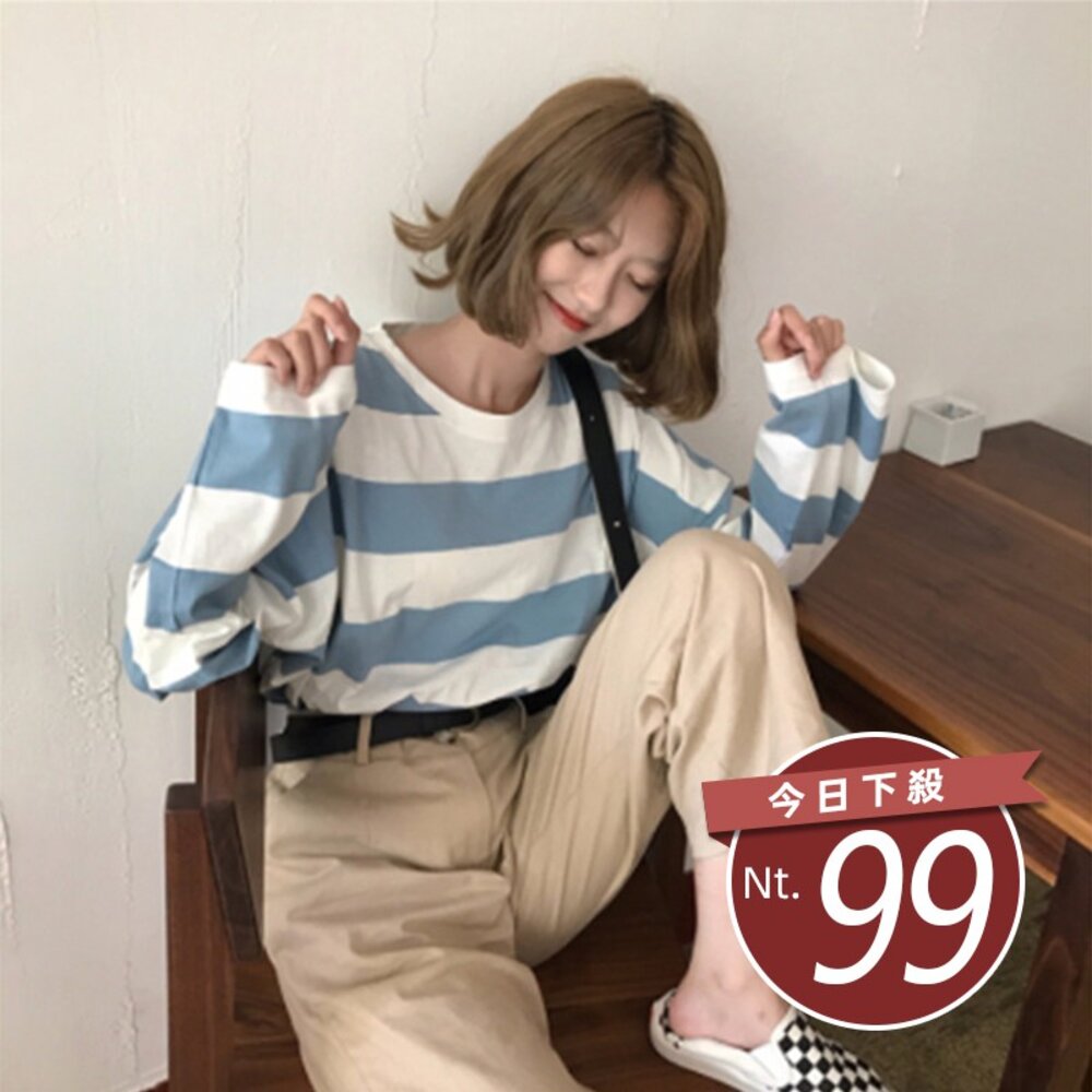 8205685231-【台灣發貨】韓版秋冬韓版寬鬆條紋上衣 長袖上衣 長袖t恤 衣服 女裝 上衣【T102】長袖版