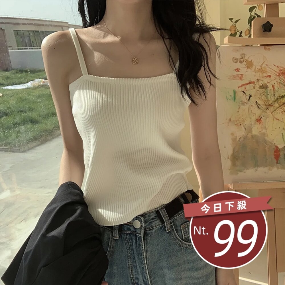 8352620288-【台灣發貨】韓板針織吊帶平口小背心 衣服 女裝 t恤 短袖t恤 上衣【V122】