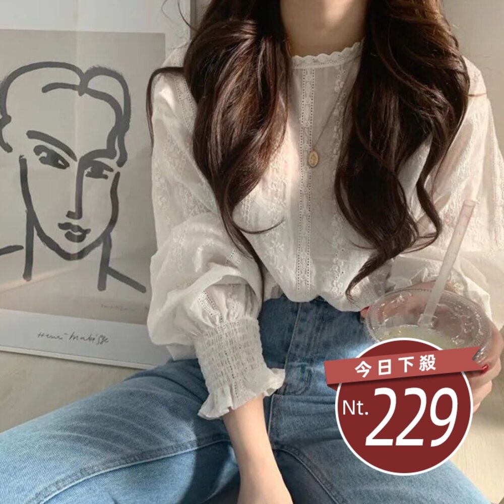 8504611630-【台灣發貨】韓版小清新蕾絲勾花長袖上衣 長袖上衣 長袖t恤 衣服 女裝 上衣【W147】