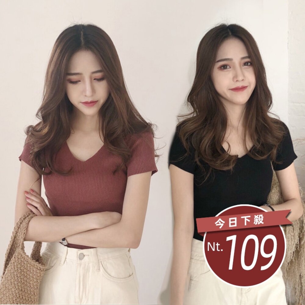 9048293251-【台灣發貨】韓版復古色系V領針織短袖上衣 衣服 女裝 t恤 短袖t恤 上衣【T200】