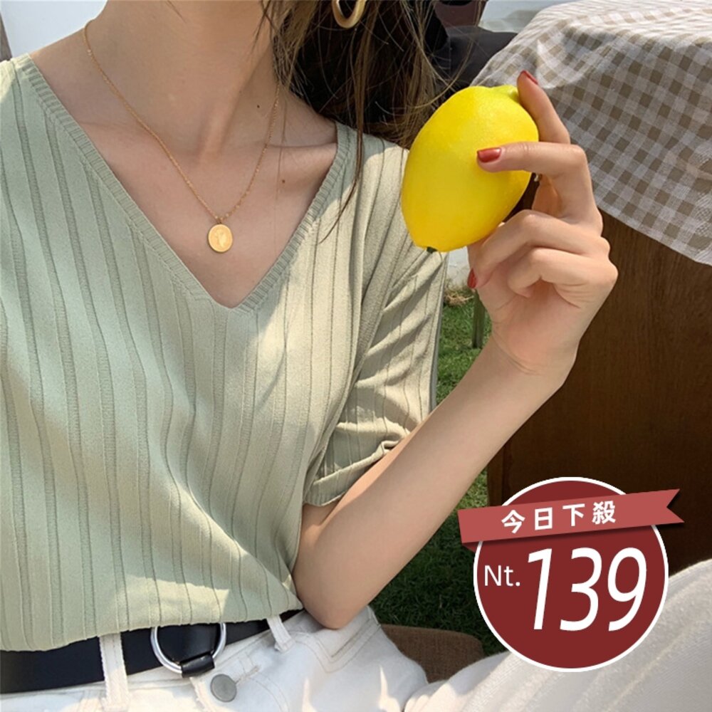 9139616883-【台灣發貨】韓版抹茶綠上衣薄款冰絲針織短袖上衣 衣服 女裝 t恤 短袖t恤 上衣【T302】