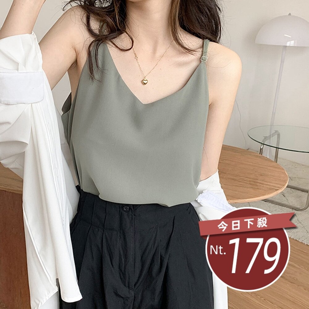 9269252759-【台灣發貨】韓版雪紡V領寬鬆舒適休閒風吊帶背心 短版上衣 短板上衣 衣服 女裝 t恤 短袖t恤【V134】