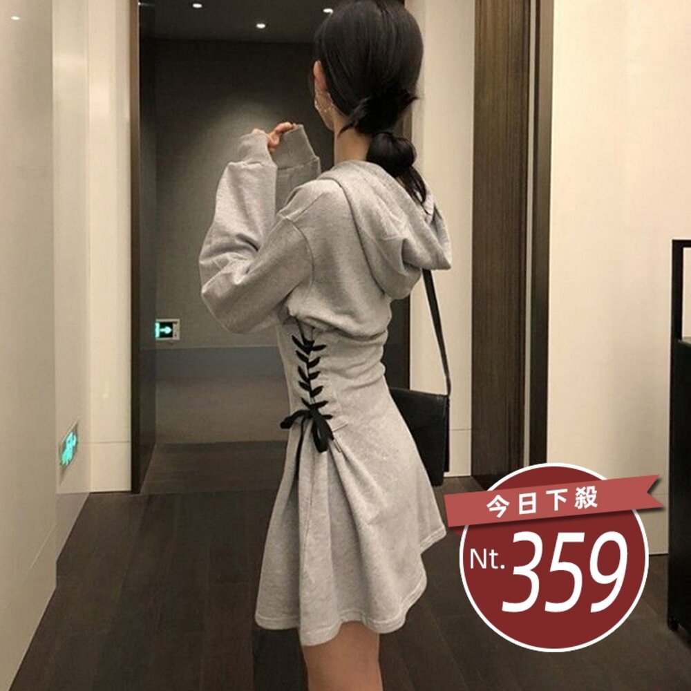 9405775852-【台灣發貨】韓版冬季新款寬鬆顯瘦收腰短裙連帽長袖上衣 長袖上衣 長袖t恤 衣服 女裝 上衣【W83】