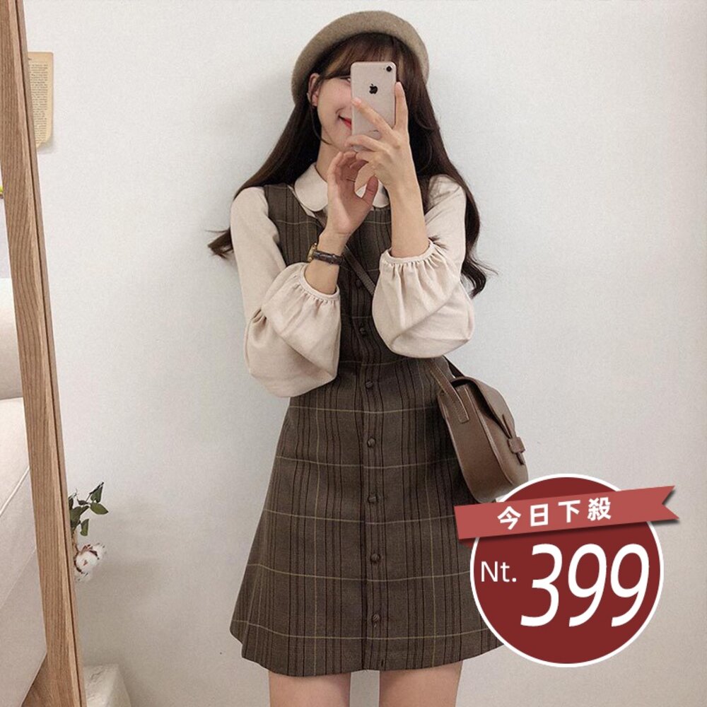 9711965224-【台灣發貨】韓版復古襯衫格子連衣裙 裙子 褲裙 長裙 女裝【S101】