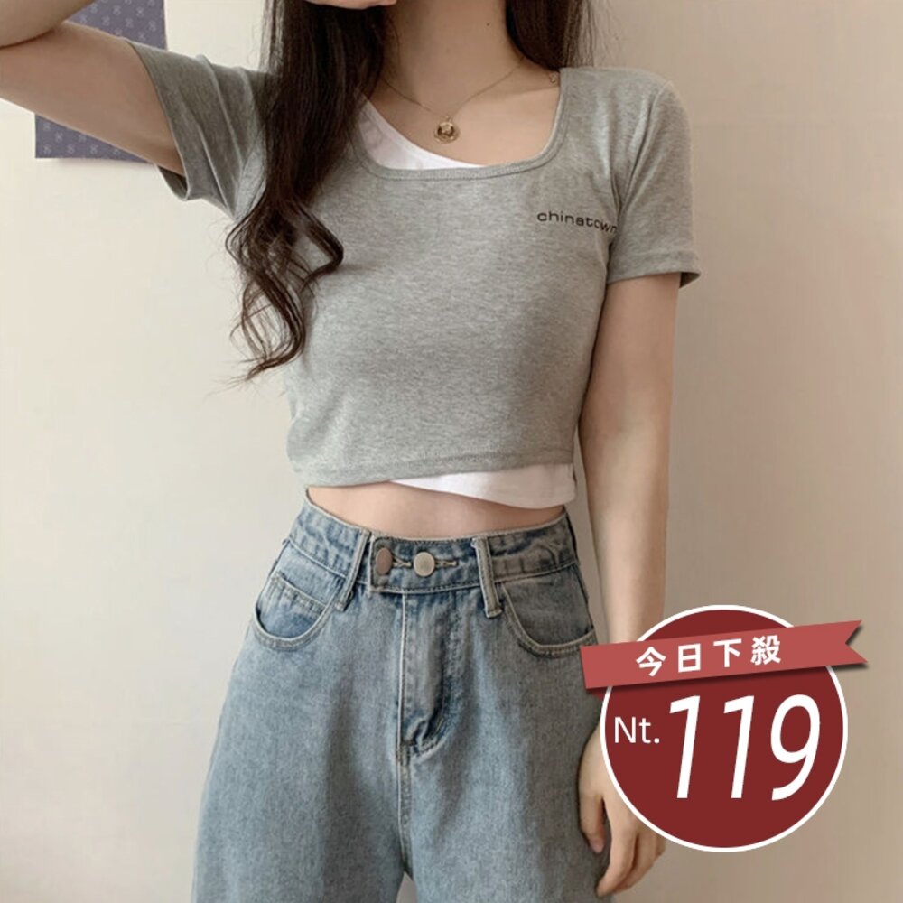 9756323641-【台灣發貨】韓版小眾設計感小個子假兩件短版上衣 短版上衣 短板上衣 衣服 女裝 t恤 短袖t恤【T325】