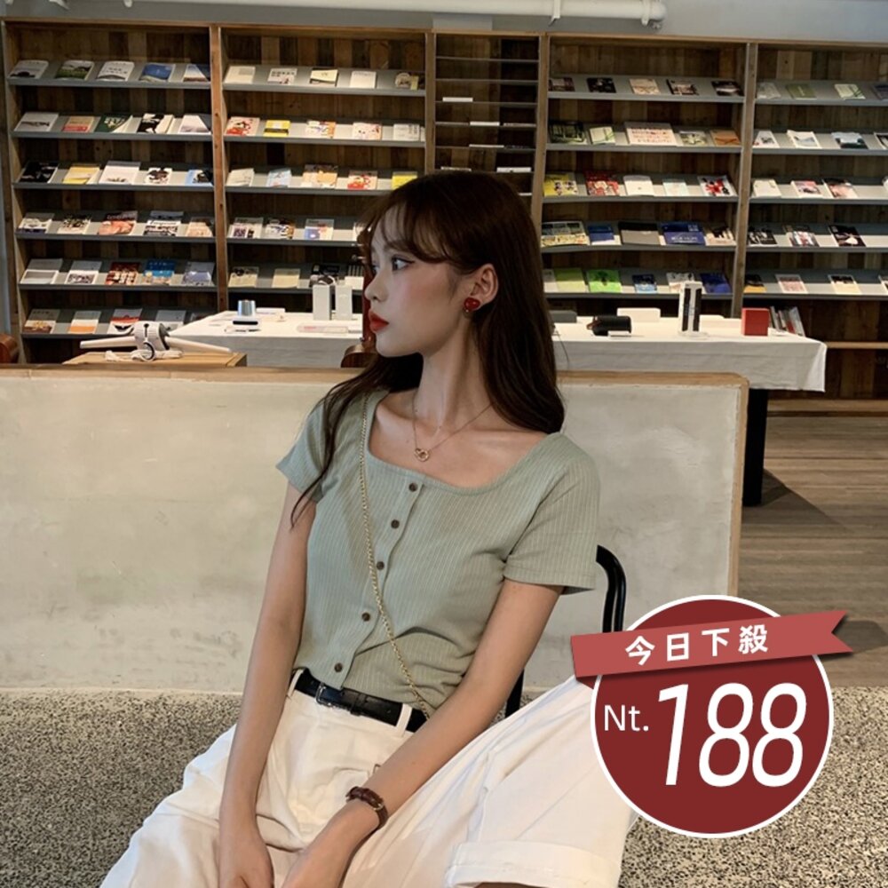 9803504981-【台灣發貨】韓版百搭圓領露鎖骨短版針織上衣 衣服 女裝 t恤 短袖t恤 上衣【T261】