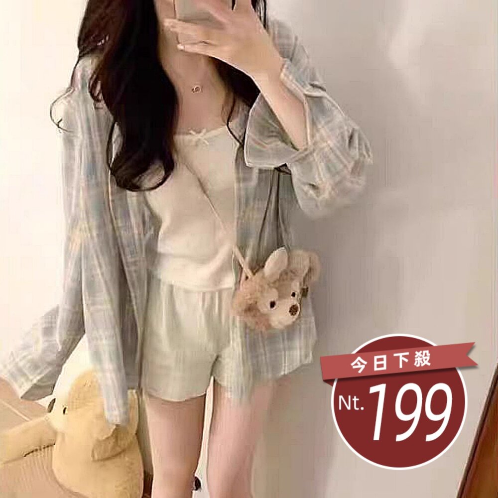 J385-【台灣發貨】韓版復古格紋襯衫外套 外套 防曬外套 女裝 上衣 衣服【J385】