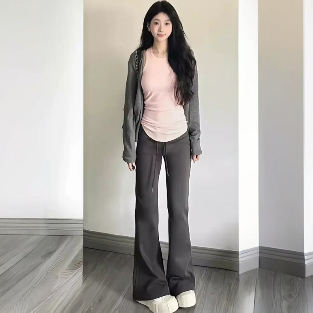【台灣發貨】韓版顯瘦高腰微喇叭運動褲 寬褲 褲子 女裝【P360】-圖片-6