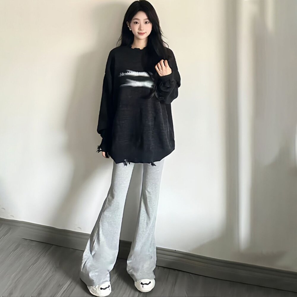 【台灣發貨】韓版顯瘦高腰微喇叭運動褲 寬褲 褲子 女裝【P360】-圖片-7