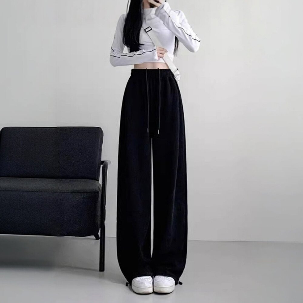 【台灣發貨】韓版高腰顯瘦灰色微喇運動褲 寬褲 褲子 女裝【P360】-圖片-1