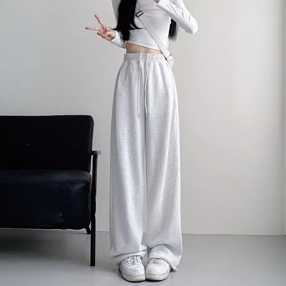 【台灣發貨】韓版高腰顯瘦灰色微喇運動褲 寬褲 褲子 女裝【P360】-圖片-2