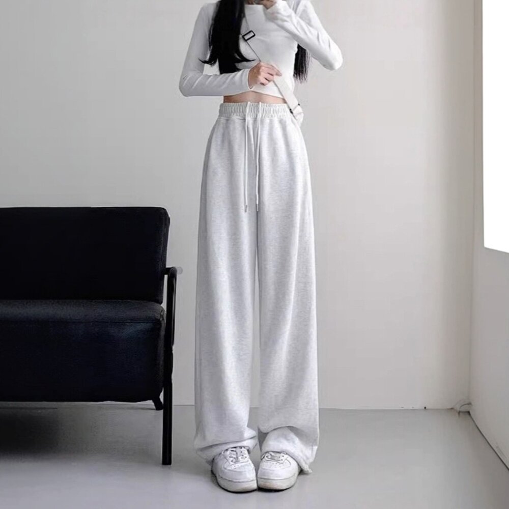 【台灣發貨】韓版高腰顯瘦灰色微喇運動褲 寬褲 褲子 女裝【P360】-圖片-4