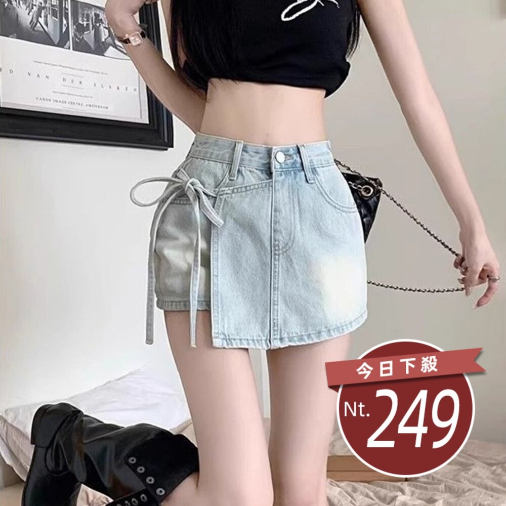 P396-2-【台灣發貨】韓版高腰顯瘦假兩件牛仔短褲 短褲 褲子 女裝【P396】