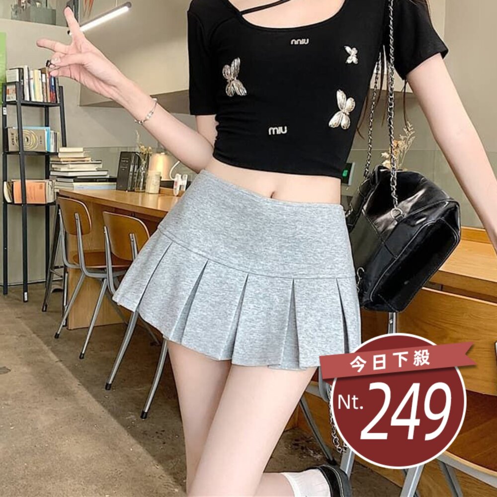 P424-【台灣發貨】韓版美式防走光顯瘦百褶半身裙 裙子 褲裙 長裙 女裝【P424】