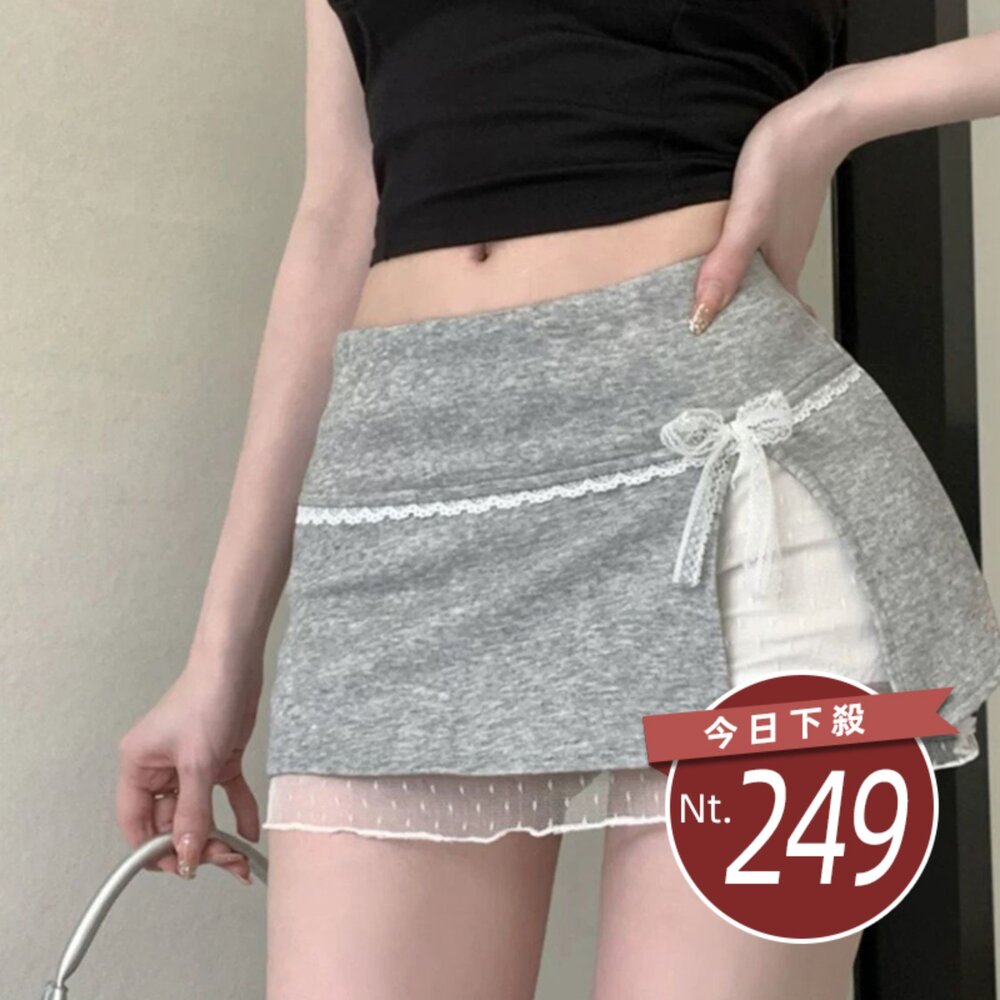  【台灣發貨】韓版蕾絲拼接雙層防走光短裙 有安全褲 短褲 褲子 女裝【P435】