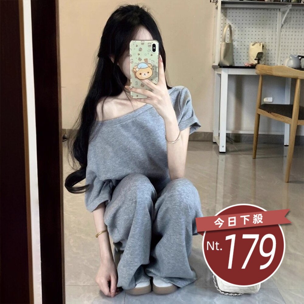 S384-【台灣發貨】韓版氣質斜肩休閒運動套裝 短袖上衣+長褲 衣服 女裝 t恤 短袖t恤 上衣 寬褲 褲子【S384】