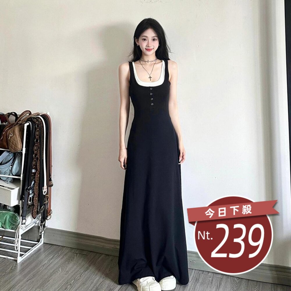  【台灣發貨】韓版法式假兩件黑色洋裝 連身裙 吊帶裙 吊帶褲 女裝【S386】