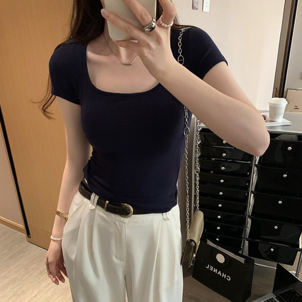 【台灣發貨】韓版方領顯瘦短袖上衣 衣服 女裝 t恤 短袖t恤 上衣【T307】-圖片-10