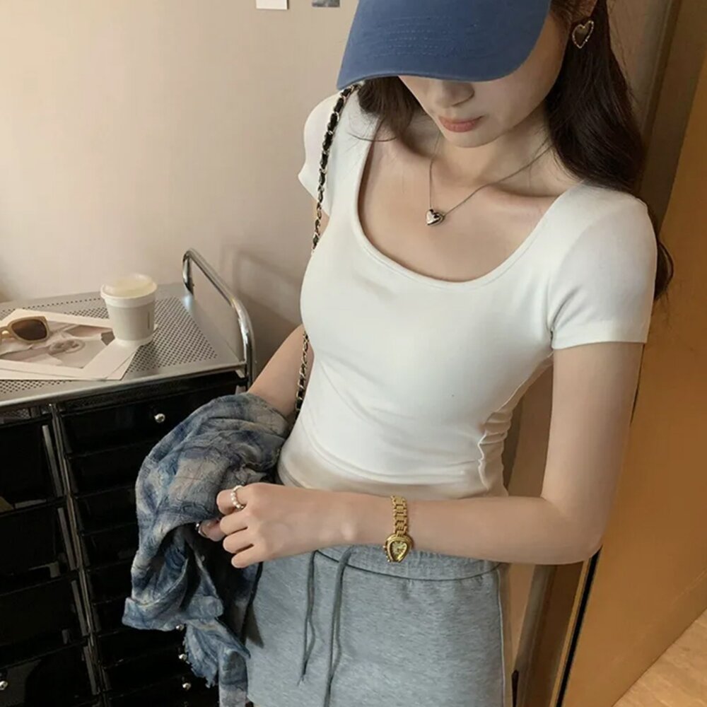 【台灣發貨】韓版方領顯瘦短袖上衣 衣服 女裝 t恤 短袖t恤 上衣【T307】-圖片-2