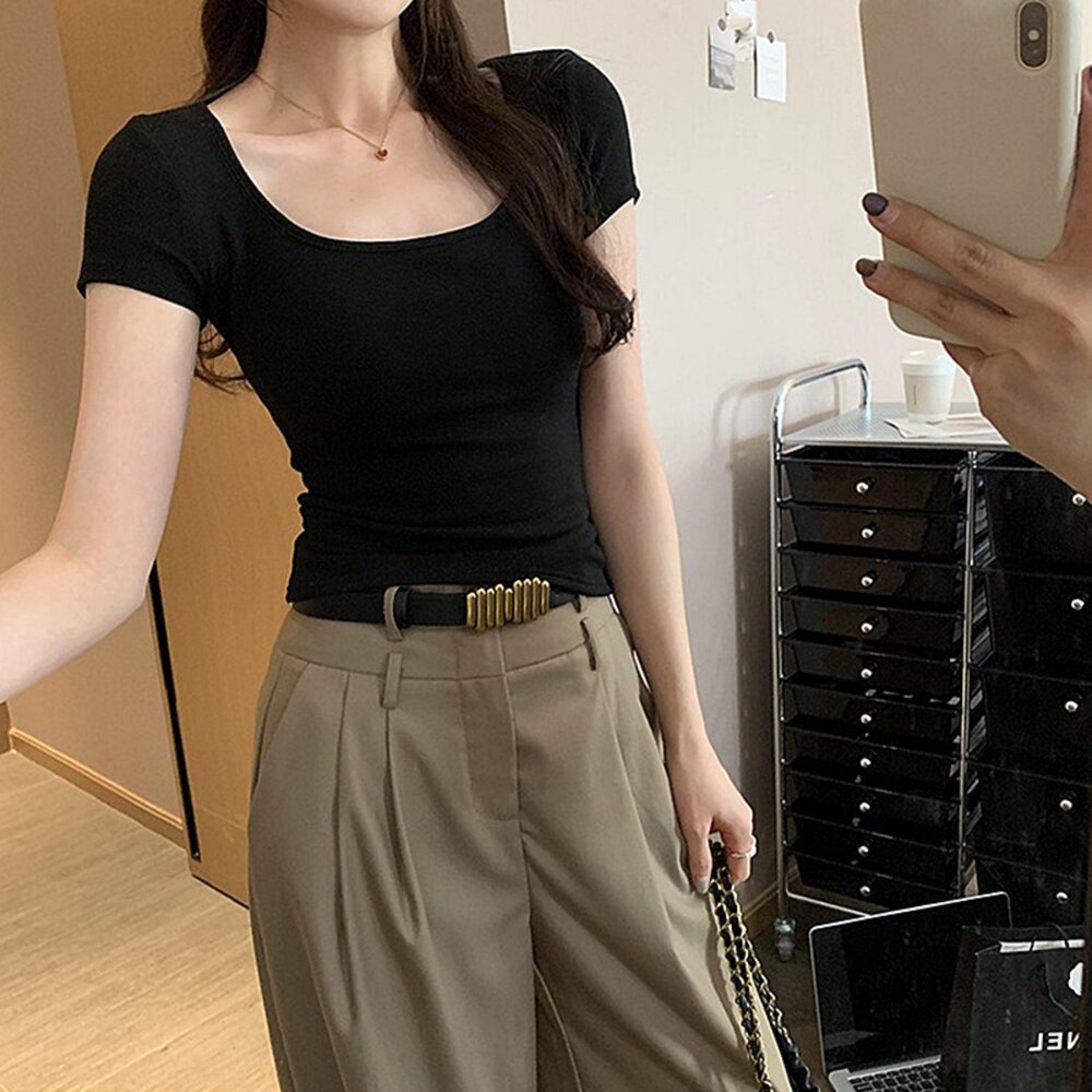 【台灣發貨】韓版方領顯瘦短袖上衣 衣服 女裝 t恤 短袖t恤 上衣【T307】-圖片-4