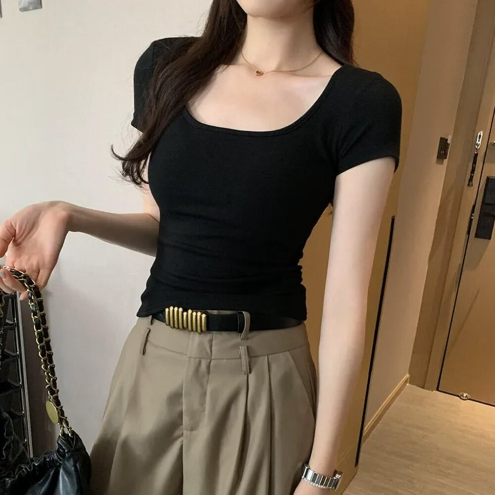 【台灣發貨】韓版方領顯瘦短袖上衣 衣服 女裝 t恤 短袖t恤 上衣【T307】-圖片-6